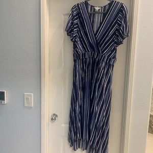 NWOT Tommy Bahama Blue & White Striped Maxi Dress, Flutter Sleeve, Size Large